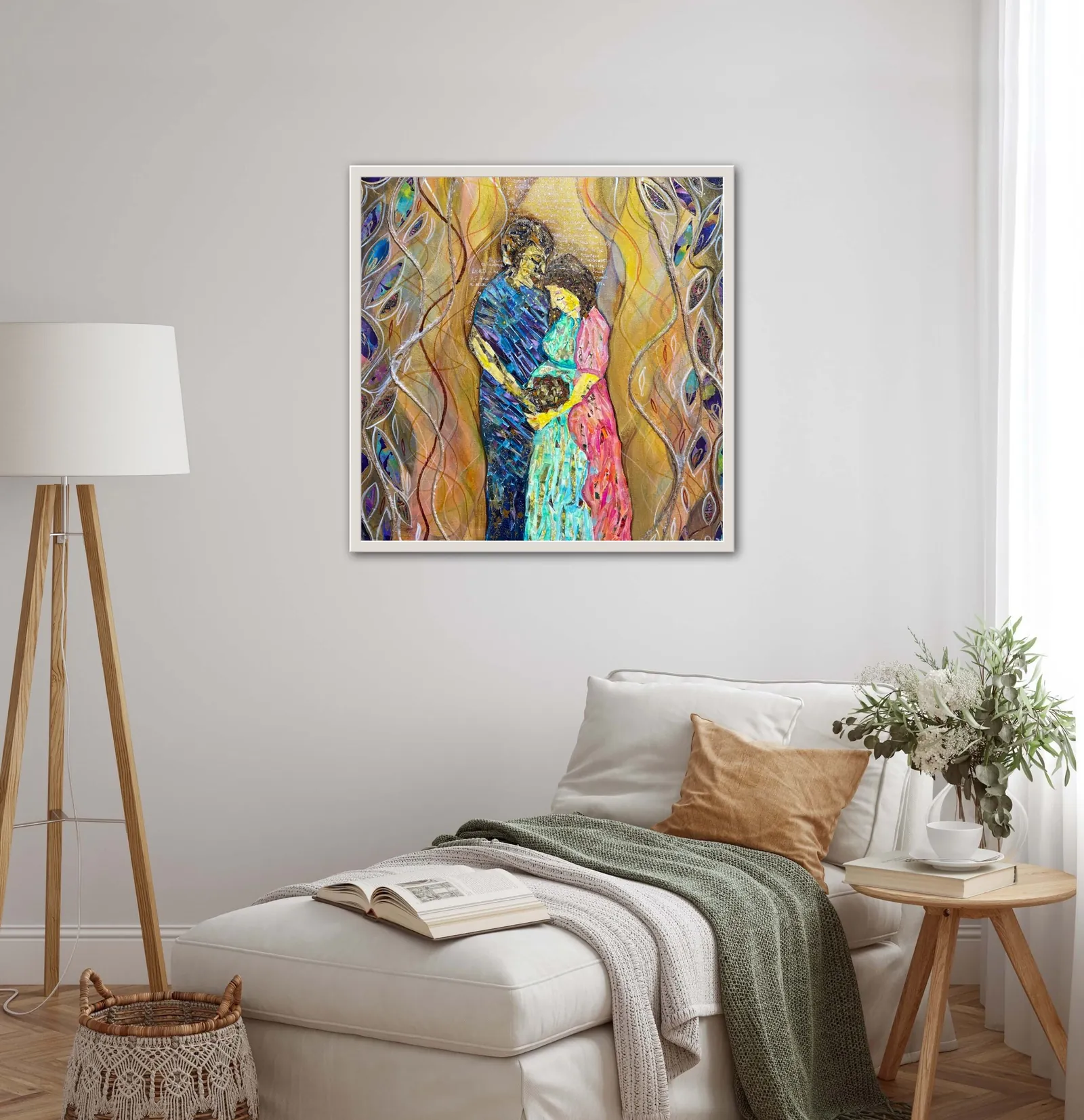 Children - Reward from the LORD (Framed) — original fabric, twine, and acrylic Christian painting by Agata May'kowska, 20 × 20 in
