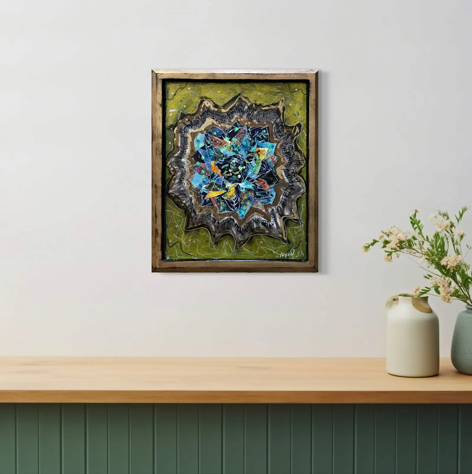 Finding Light in the Darkness # 2 — original acrylic, fabric, markers on canvas board Christian painting by Agata May'kowska, 8 × 10 in, framed 11.5 × 14.5 in