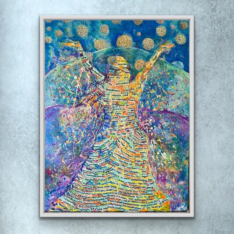 Heaven Declares — original mixed media: fabric, paper, acrylic on canvas Christian painting by Agata May'kowska, 40 × 30 in