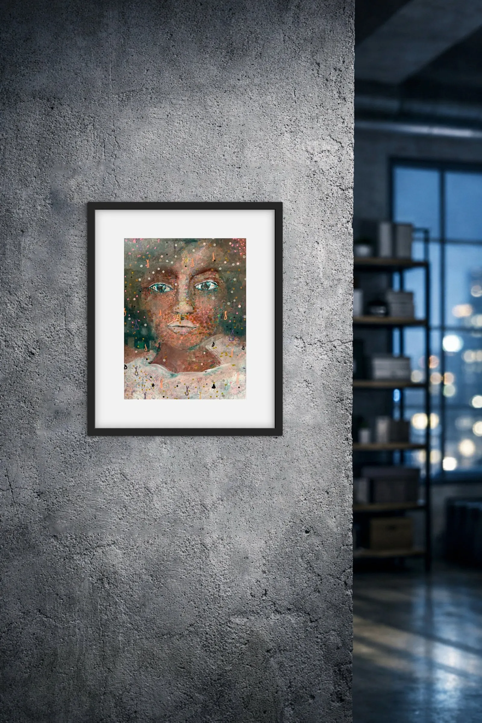 Her Quiet Knowing of Grace — original mixed media on paper, framed behind plexiglass Christian painting by Agata May'kowska, 9 × 12 in framed