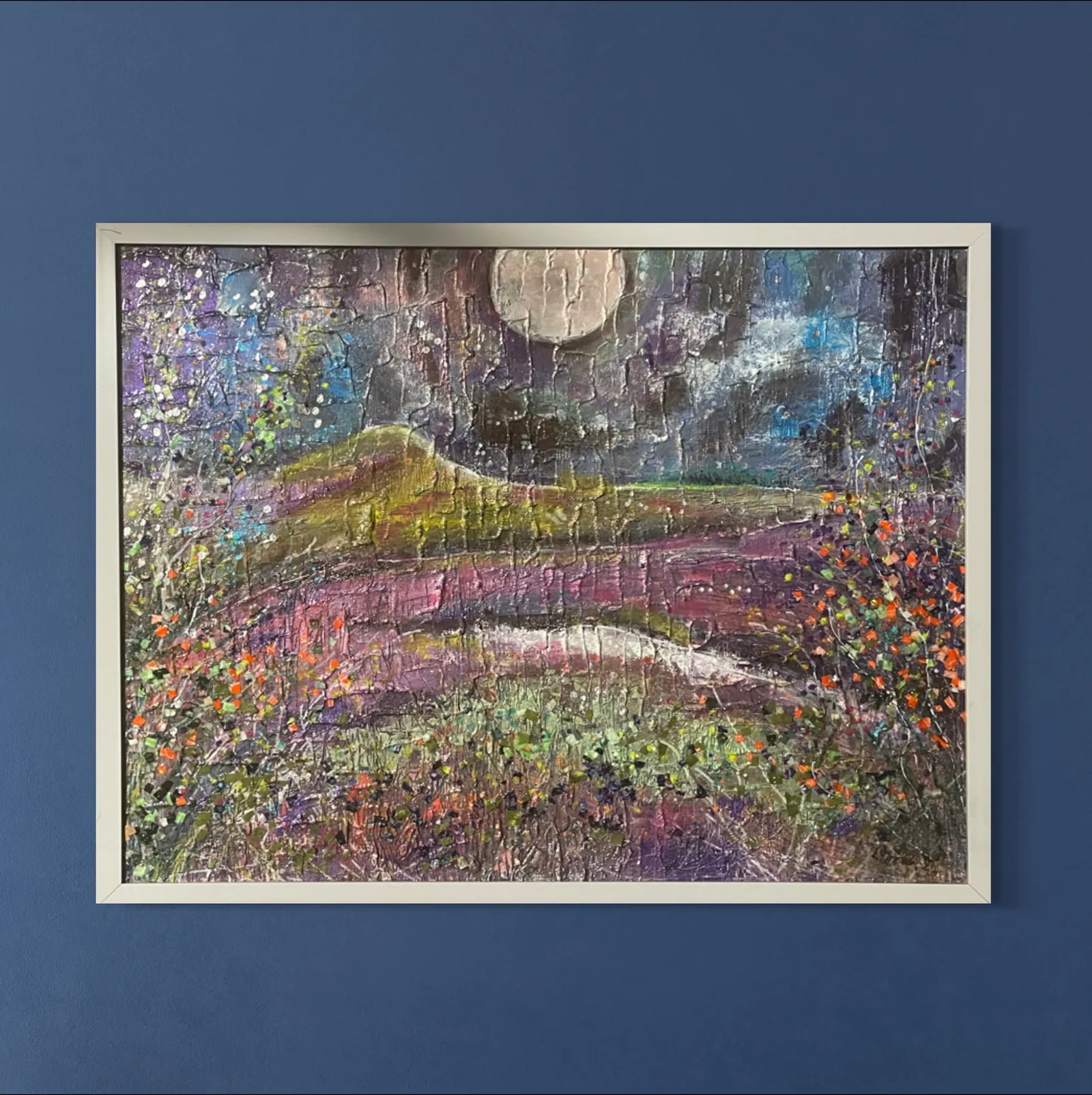 Moonlight Delight — original structural mixed media: acrylic, fabric, mica Christian painting by Agata May'kowska, 16 × 20 in, framed 17 × 21 in