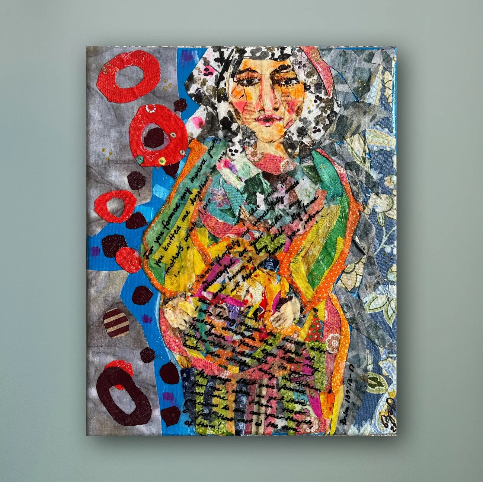 Mother — original fabric and acrylic Christian painting by Agata May'kowska, 10 × 8 in
