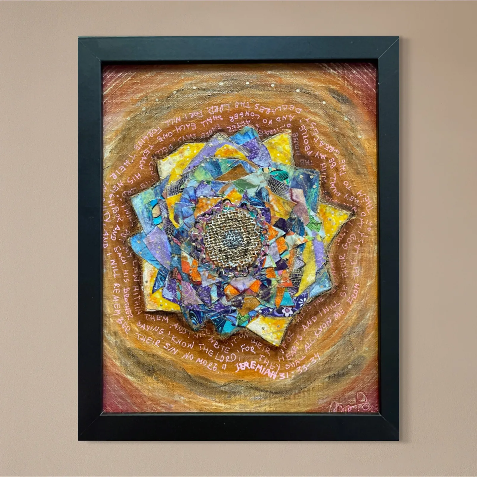 Prayerful Rose or Jeremiah — original fabric and acrylic Christian painting by Agata May'kowska, 10 × 8 in plus frame