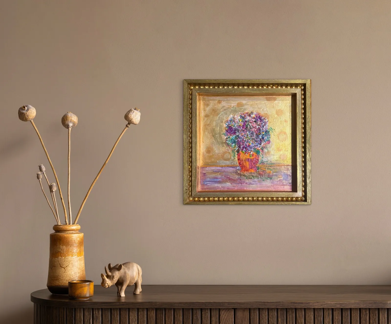 Quiet Abundance — original mixed media on wooden canvas board Christian painting by Agata May'kowska, 10 × 10 in