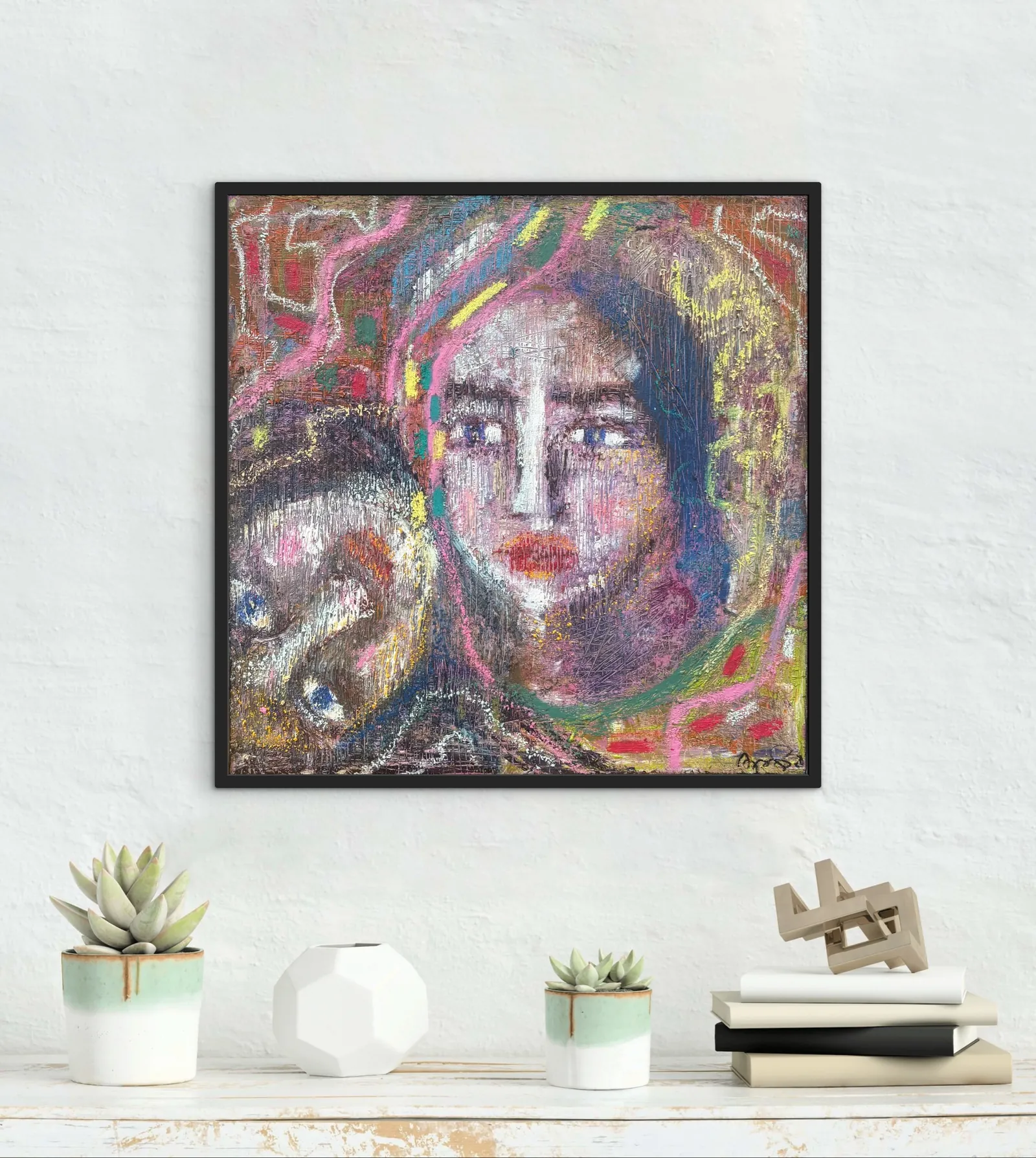 Sisters — original mixed media on canvas Christian painting by Agata May'kowska, 20 × 20 in