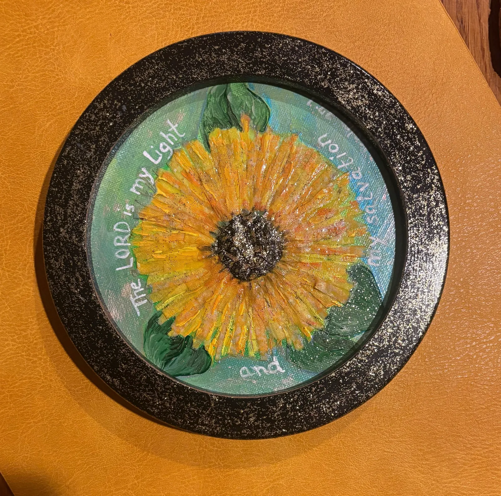 The Lord is My Light — original mixed media, handwritten scripture text, shimmer finish Christian painting by Agata May'kowska, ~8 in round