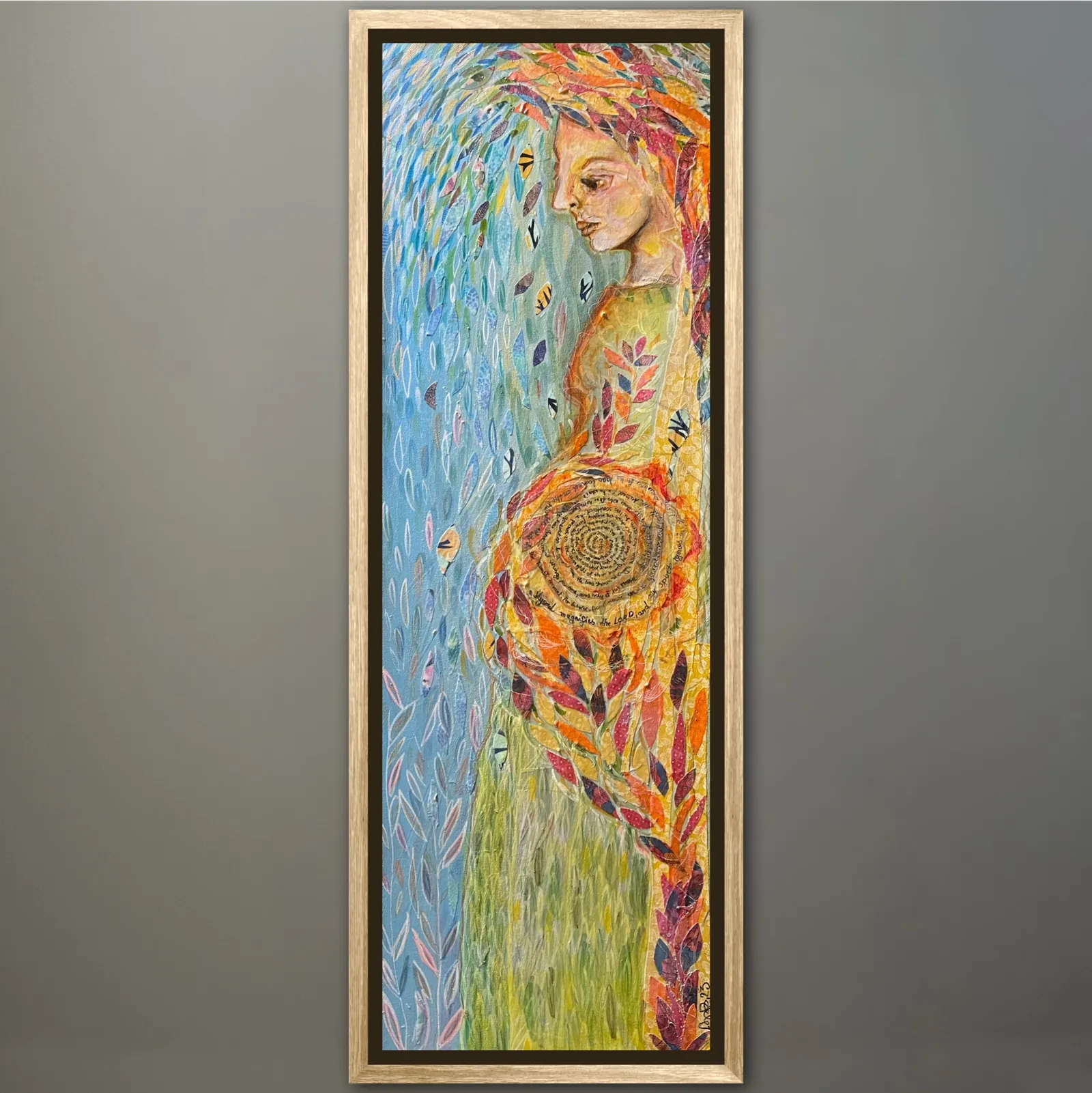 They Will Call Me Blessed — original mixed media: fabric and acrylic Christian painting by Agata May'kowska, 12 × 36 in