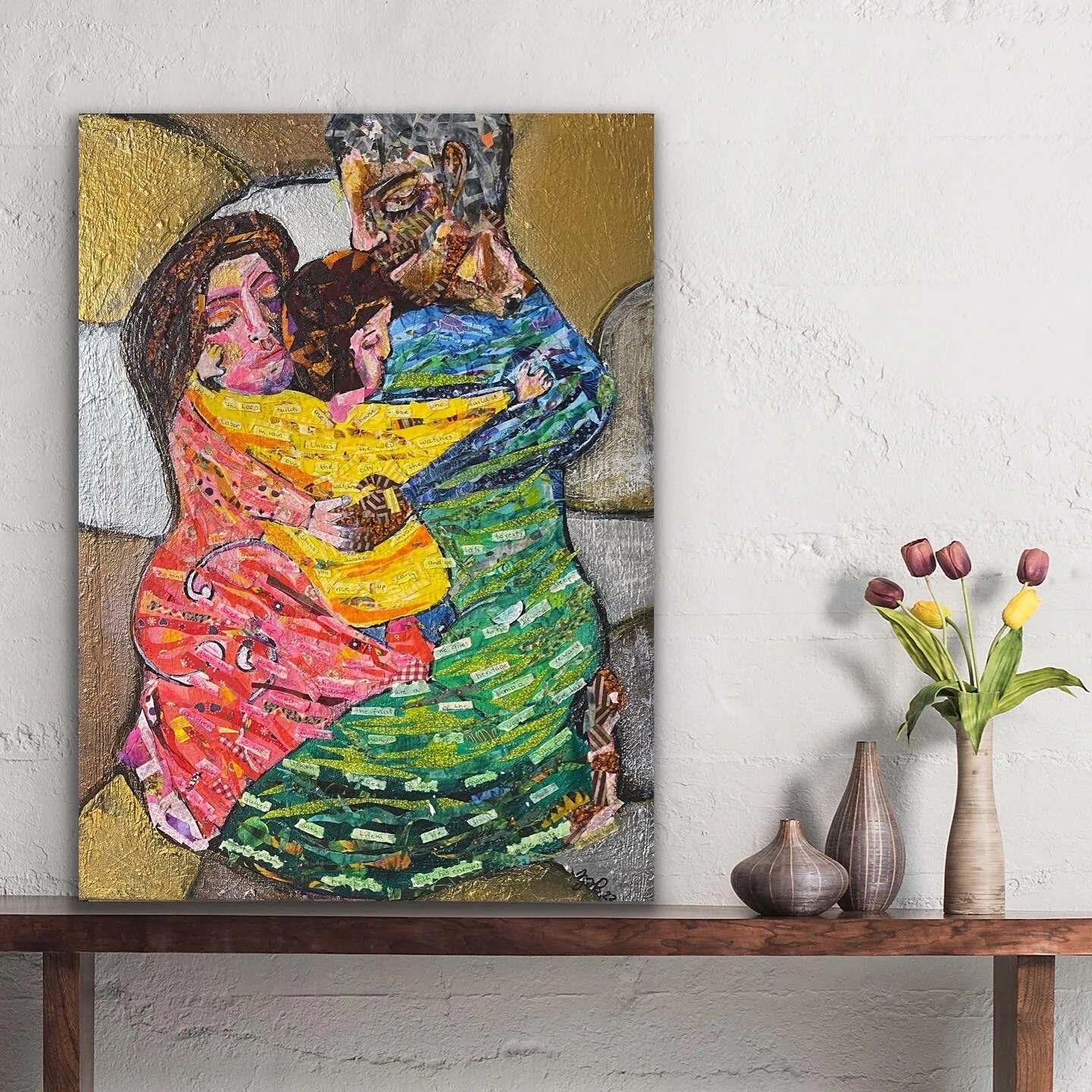 United in Prayer — original fabric, paper, and acrylic with clear top coat Christian painting by Agata May'kowska, 24 × 18 in