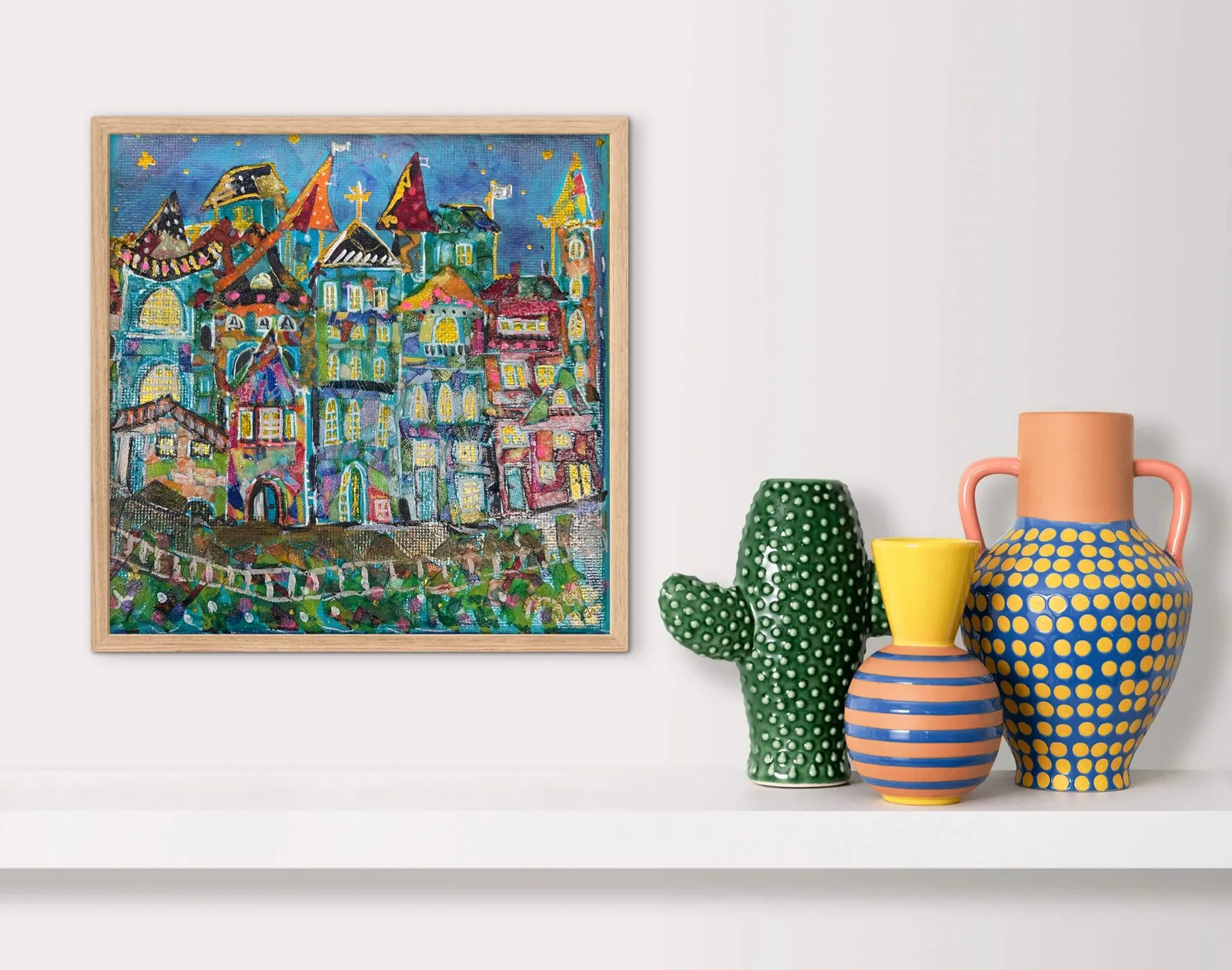 Whimsical Gdansk — original mixed media: fabric, paint, metallic accents, raised texture Christian painting by Agata May'kowska, 6 × 6 in