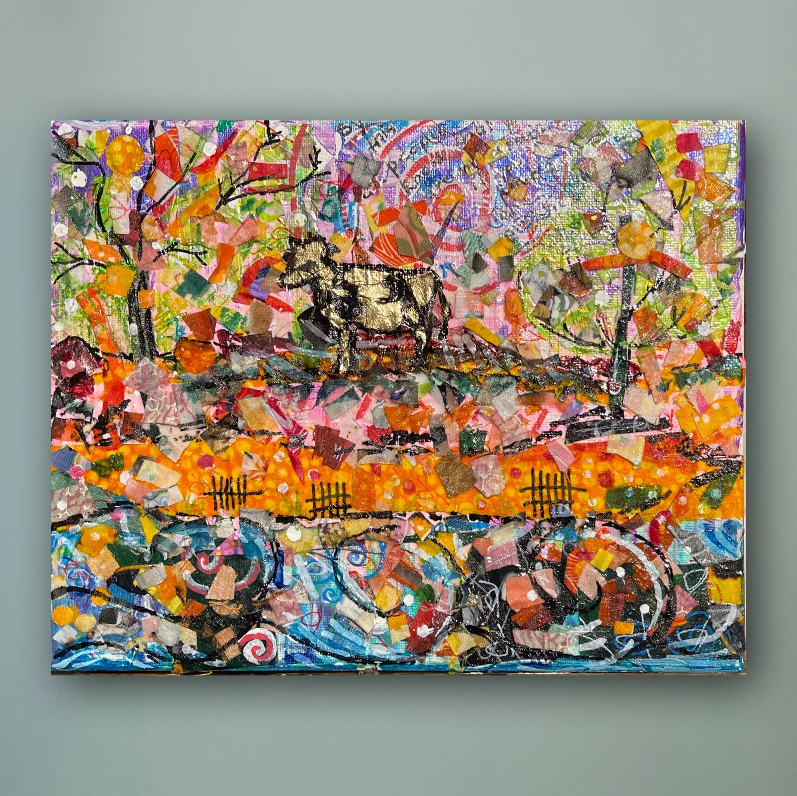 Wholehearted Pasture — original fabric and acrylic Christian painting by Agata May'kowska, 8 × 10 in