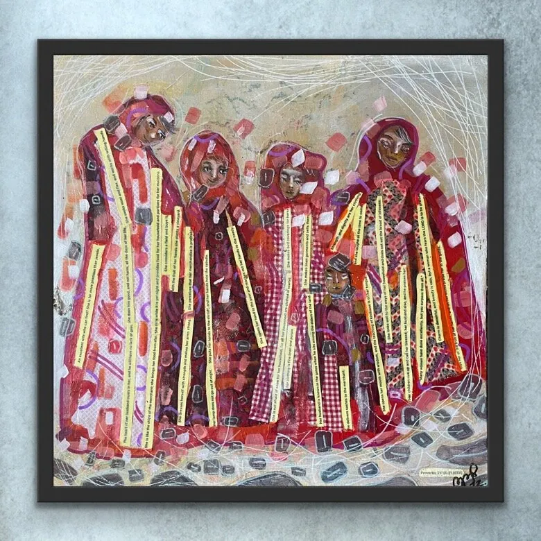 Wisdom of Mothers — original fabric, paper, acrylic, framed Christian painting by Agata May'kowska, 20 × 20 in
