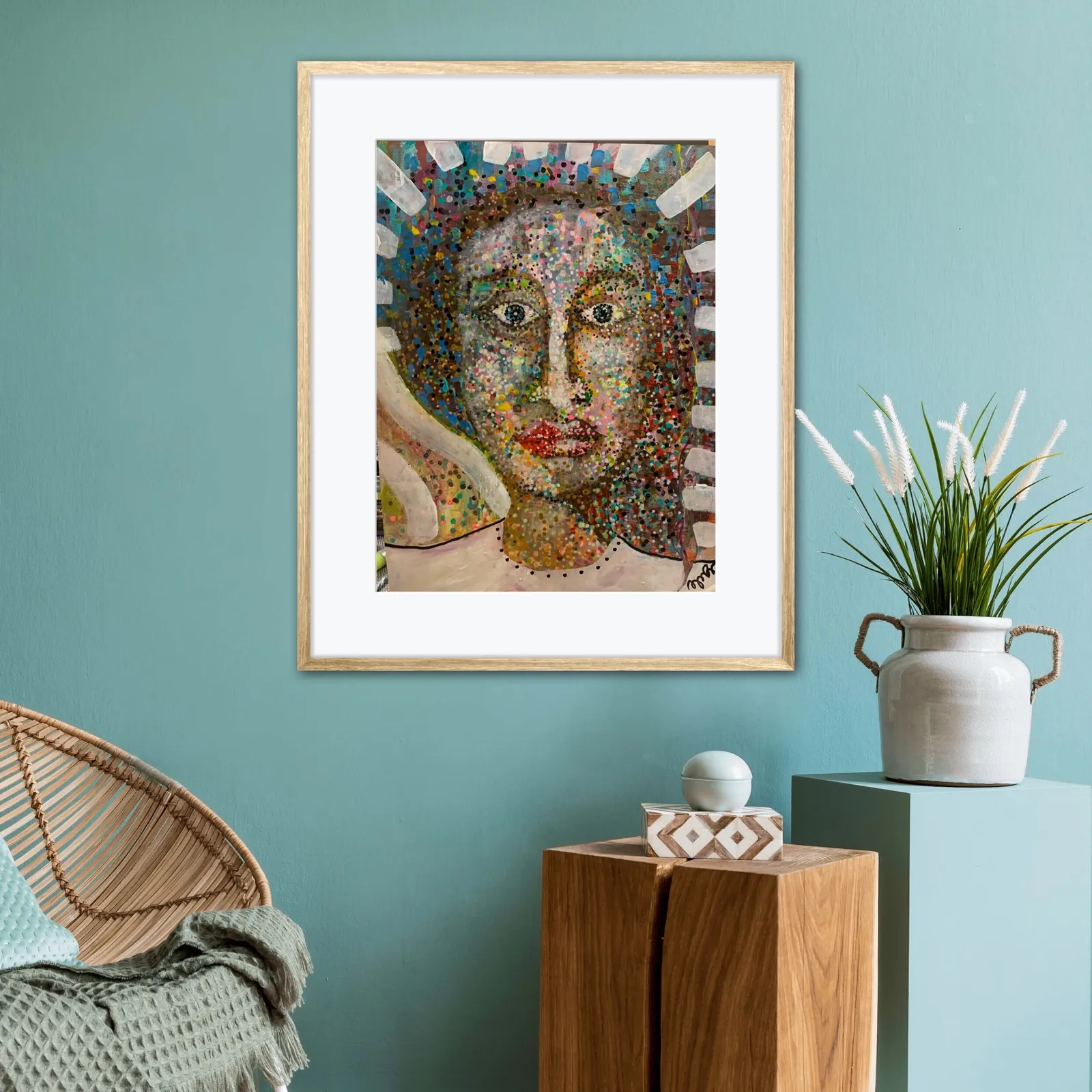 Woman — original portrait on paper, framed in gold behind glass Christian painting by Agata May'kowska, 15 × 11.5 in, framed 24 × 20 in