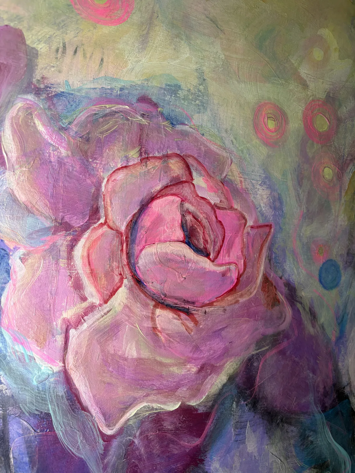Close-up of a pink rose with gold-edged petals in the commission painting