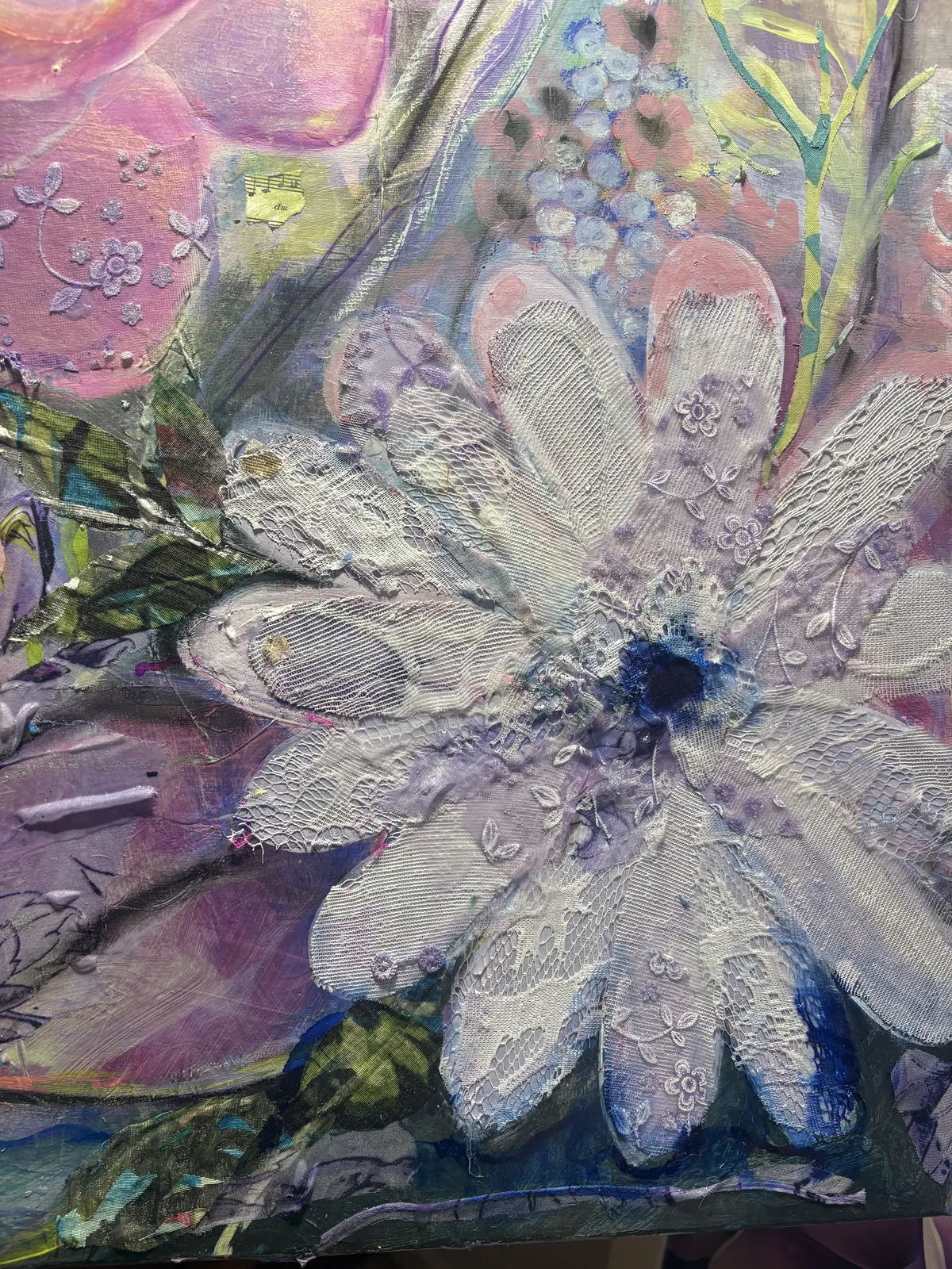 Close-up of a heavily textured white daisy with raised petals in the commission