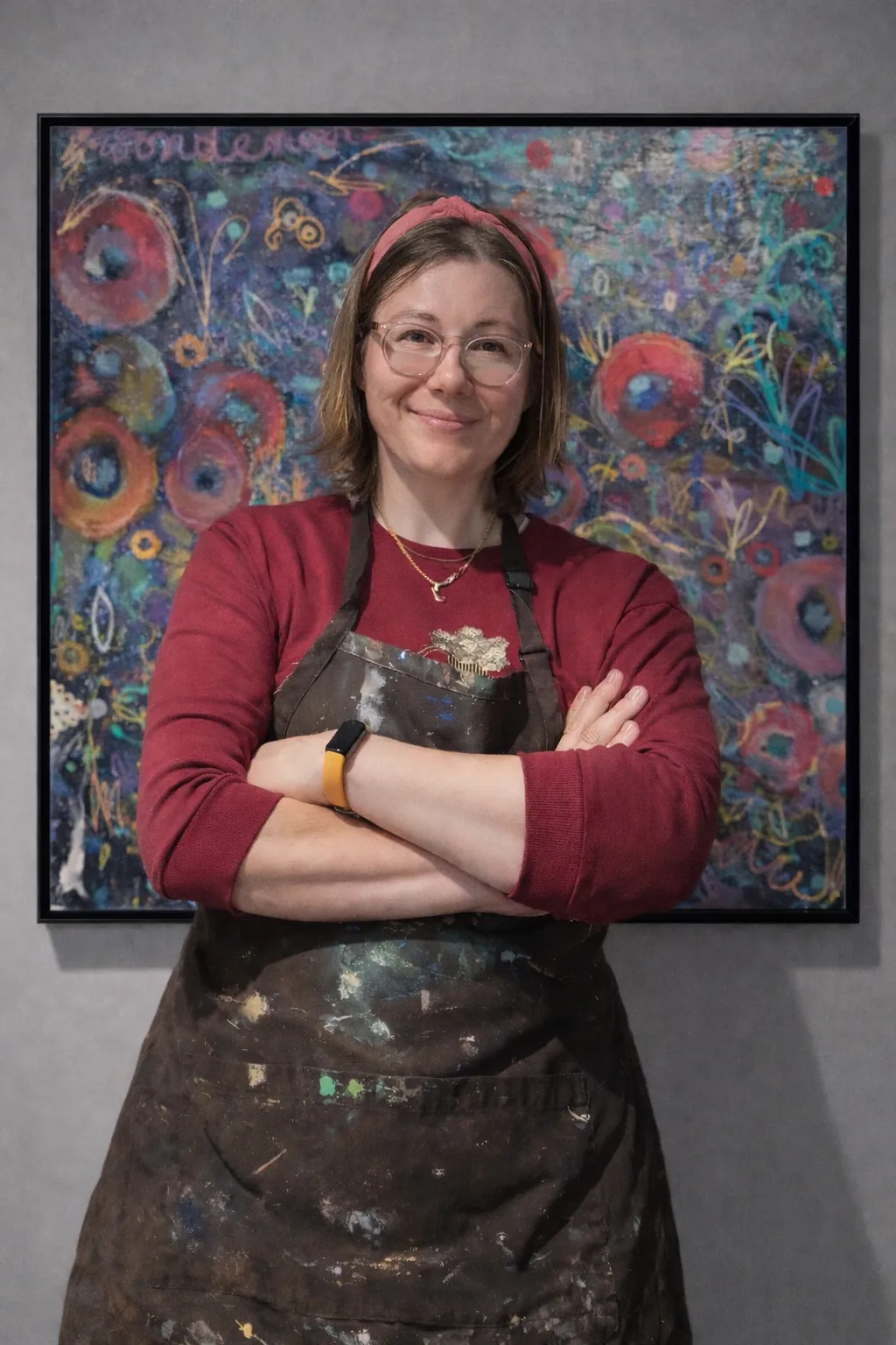 Agata May'kowska in her studio, standing in front of one of her paintings