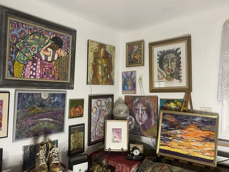 Inside the WholeheartedArts studio gallery in East Windsor, NJ — walls filled with original framed paintings by Agata May’kowska