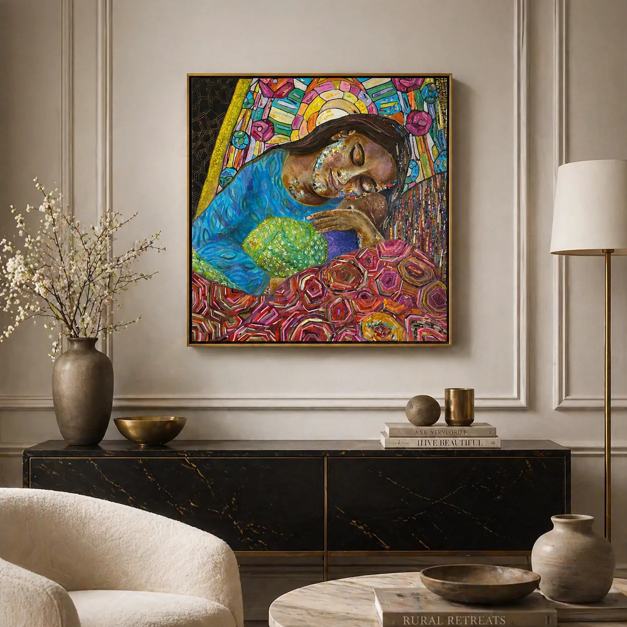 Original textured mixed-media painting by Agata May'kowska displayed in a home interior