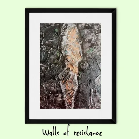 Sold original by Agata May'kowska — Abstract art resembling a human figure with a textured black background and faint green accents, framed in black with white matting, titled 'Walls of Resistance'.