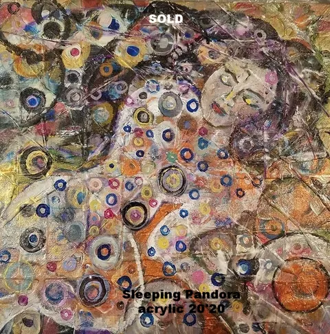 Sold original by Agata May'kowska — Abstract artwork titled 'Sleeping Pandora' created with acrylic paint in 2020, featuring a woman sleeping surrounded by colorful circles and patterns.