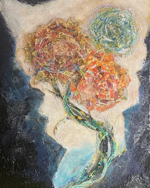 Sold original by Agata May'kowska — Abstract collage art of two human profiles facing each other with colorful flowers in the center, textured background.