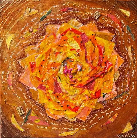 Sold original by Agata May'kowska — An abstract collage of torn colored paper petals in shades of orange, yellow, and red arranged in a spiral pattern on a brown background. Handwritten white text…
