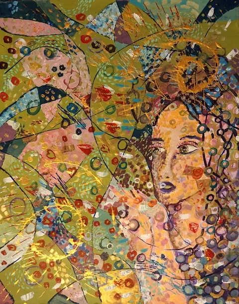 Sold original by Agata May'kowska — Abstract colorful painting of a woman's face with various geometric and organic shapes and gold accents.