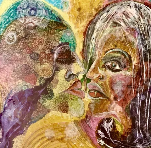 Sold original by Agata May'kowska — Abstract colorful painting of two women, one with her tongue out and the other with a neutral expression, with floral and bubble patterns in the background.