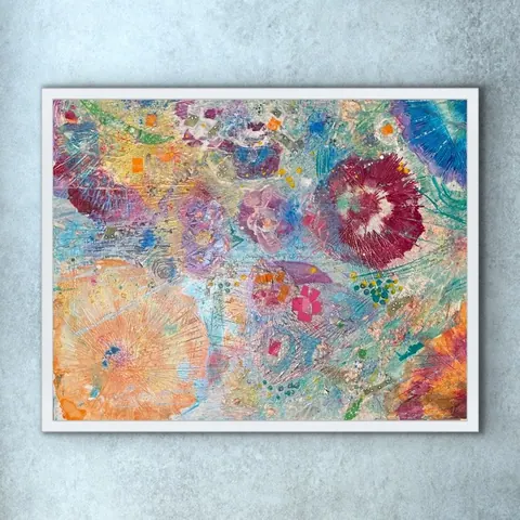 Sold original by Agata May'kowska — Abstract colorful painting with various shapes and textures, displayed in a white frame on a gray wall.