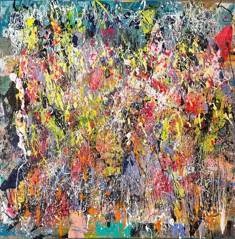 Sold original by Agata May'kowska — An abstract expressionist painting featuring splashes and drips of various bright colors, including white, yellow, pink, black, purple, orange, and blue, layered over a…