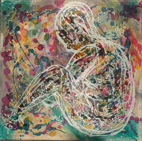 Sold original by Agata May'kowska — Abstract expressionist painting featuring swirling lines, splashes of pink, green, blue, and black paint, with added textured white lines and dots creating a dynamic…