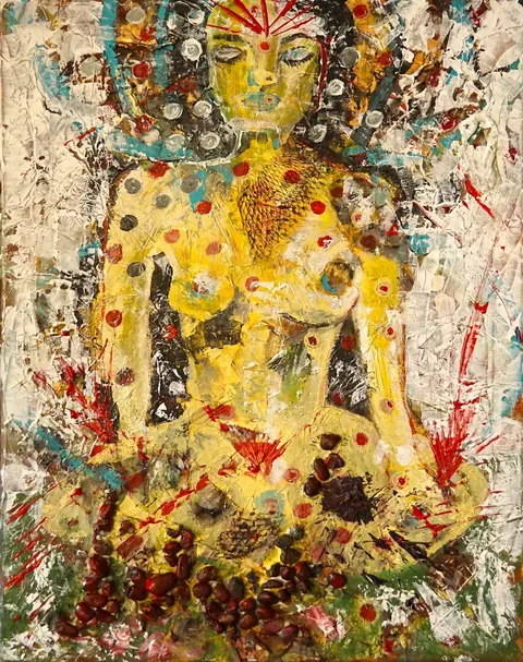 Sold original by Agata May'kowska — Abstract expressionist painting of a seated figure with closed eyes, using yellow, red, black, white, and blue brushstrokes, with textured patterns and mixed media…