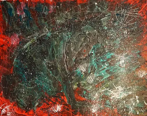 Sold original by Agata May'kowska — Abstract expressionist painting with splashes of red, black, white, and teal paint, featuring dynamic lines and textured layers