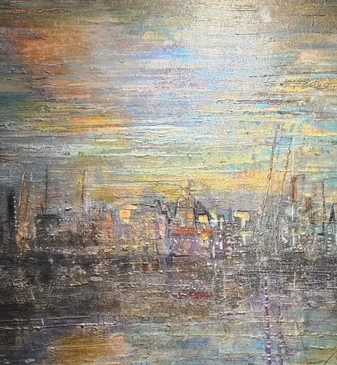 Sold original by Agata May'kowska — Abstract impressionistic painting of a city skyline at sunset or dusk with colorful sky and textured brushstrokes.