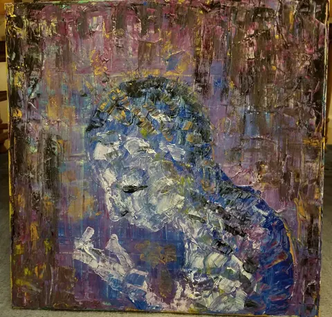 Sold original by Agata May'kowska — Abstract impressionistic painting of a person with closed eyes, head tilted back, surrounded by a colorful, textured background with shades of purple, blue, white…
