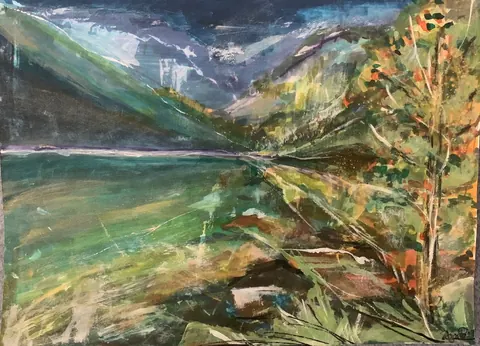 Sold original by Agata May'kowska — An abstract landscape painting of a mountain lake scene with mountains in the background, a calm lake reflecting the sky, and greenery including trees along the…