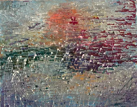 Sold original by Agata May'kowska — Abstract landscape painting with a textured surface, featuring a sunset or sunrise reflected on water, with splashes of white and streaks of various colors including…