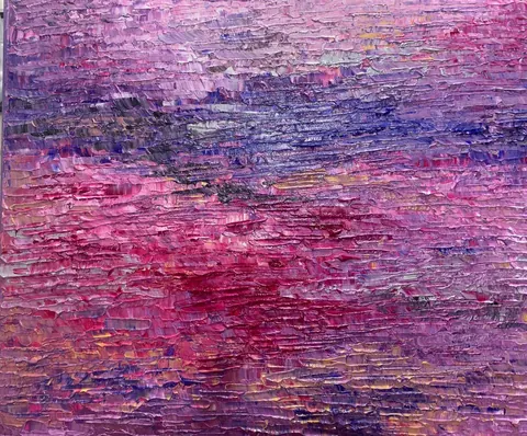 Sold original by Agata May'kowska — Abstract landscape painting with textured brushstrokes in shades of pink, purple, and hints of blue and yellow.