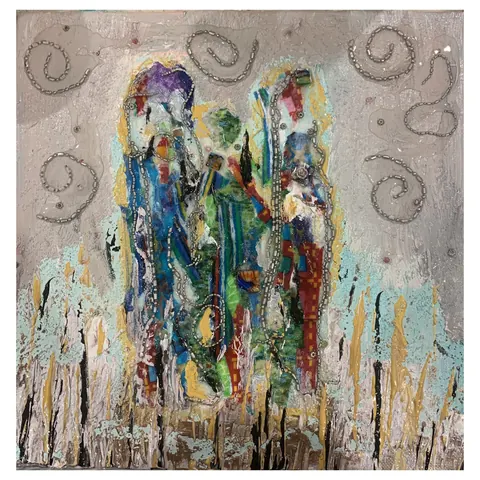 Sold original by Agata May'kowska — An abstract mixed media artwork with vibrant colors, textured paint, and chain embellishments, featuring an abstract figure or form at the center, surrounded by swirling…