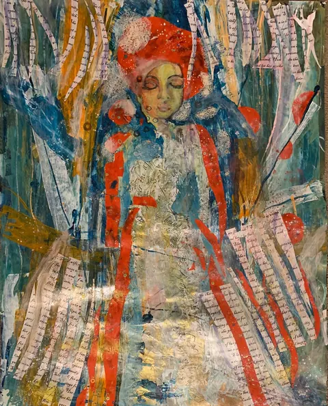 Sold original by Agata May'kowska — An abstract mixed media painting of a woman with closed eyes, surrounded by colorful, layered textures including torn paper with text, paint splashes, and expressive…