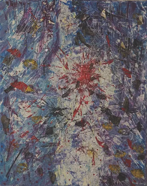 Sold original by Agata May'kowska — Abstract mixed media painting with a central red explosion, surrounded by blue, purple, white, black, and yellow splatters, scratches, and layered collage elements.
