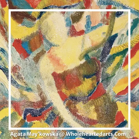 Sold original by Agata May'kowska — Abstract oil painting with vibrant colors including yellow, red, blue, green, white, and brown, with textured brushstrokes and layered paint.