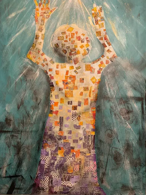 Sold original by Agata May'kowska — An abstract painting depicting a female figure with arms raised, using a mosaic of small, colorful squares and geometric patterns on the body and background with shades…