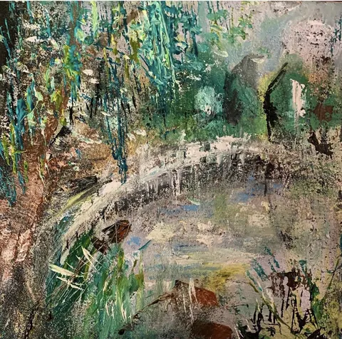 Sold original by Agata May'kowska — Abstract painting depicting a pond surrounded by trees and plants with a bridge crossing over it.
