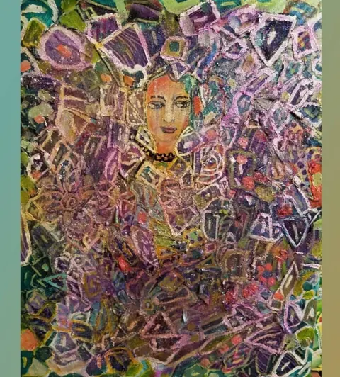 Sold original by Agata May'kowska — An abstract painting featuring a central portrait of a woman with colorful hair, set against a background of vibrant, geometric patterns and shapes in various colors…