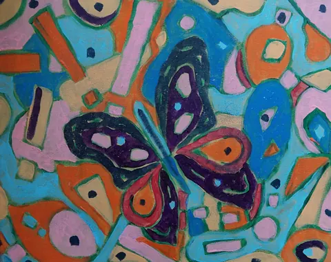 Sold original by Agata May'kowska — An abstract painting featuring a colorful butterfly with purple, blue, red, and orange wings surrounded by various shapes and patterns in shades of pink, blue, orange…