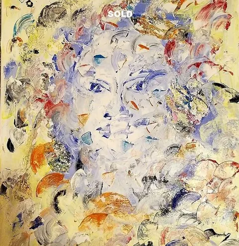 Sold original by Agata May'kowska — Abstract painting featuring a mostly white face with blue eyes, surrounded by multicolored brushstrokes in yellow, orange, purple, and black.