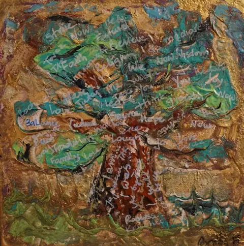 Sold original by Agata May'kowska — An abstract painting featuring a tree with green and brown leaves and a textured background. Overlaid with handwritten words and phrases in white, blue, and red…