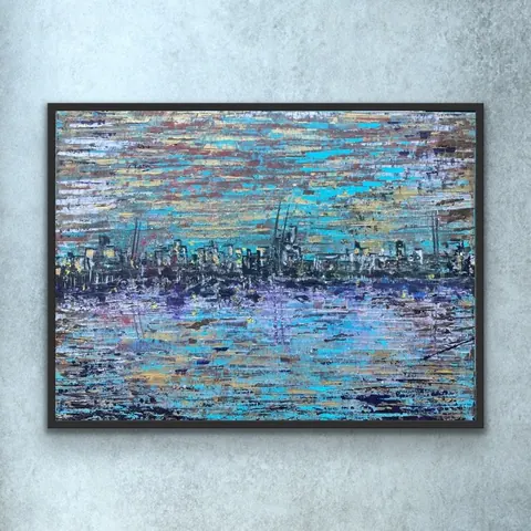 Sold original by Agata May'kowska — Abstract painting of a city skyline reflecting on water, with shades of blue, purple, and gray.