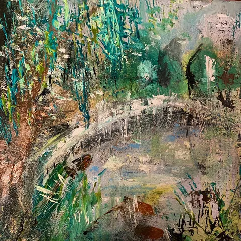 Sold original by Agata May'kowska — Abstract painting of a lush green landscape with trees and a river, with thick textured brushstrokes and vibrant colors.