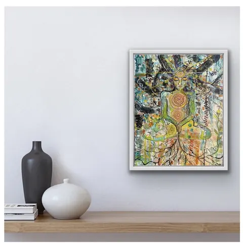 Sold original by Agata May'kowska — Abstract painting of a meditating figure with swirling patterns and roots extending downward, displayed in a frame on a white wall.